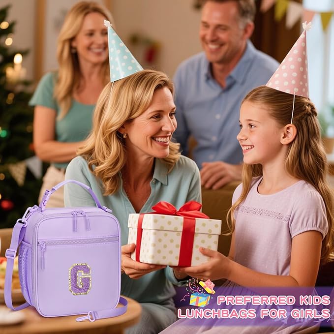 Initial Insulated Lunch Bag for Girls Kids, Back to School Gift, Reusable Leak-proof Lunch Box with Adjustable Strap for School Daycare Travel Picnic (Purple,G)