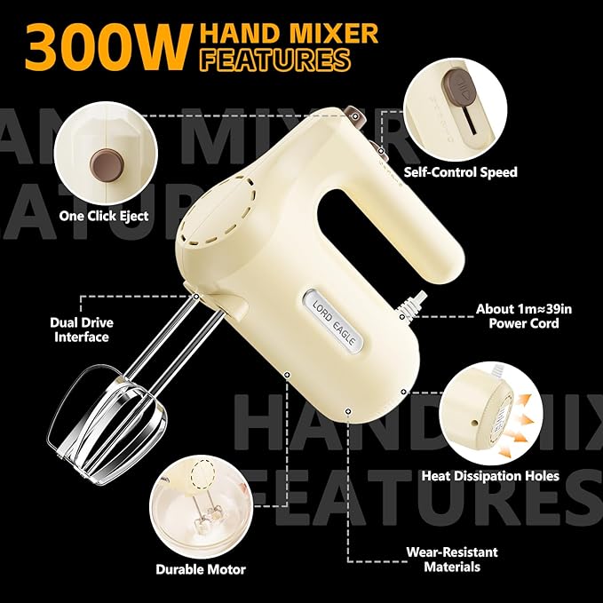 Lord Eagle 5-Speed Hand Mixer Electric Heldhand, 300W Compact Mixer for Baking, Egg Beater, Blending or Cooking, Portable & Lightweight, 5 Accessories, Cream