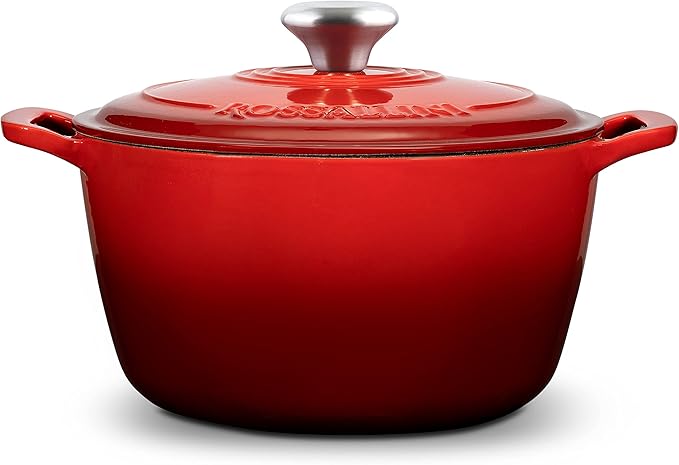 Signature Enameled Cast Iron Dutch Oven, Non-Stick Serving Pot with Tight Fitting Lid for Perfect Roasting, Baking, Sauteing, and Bread Making | 5.5Q (5.2L) - Red