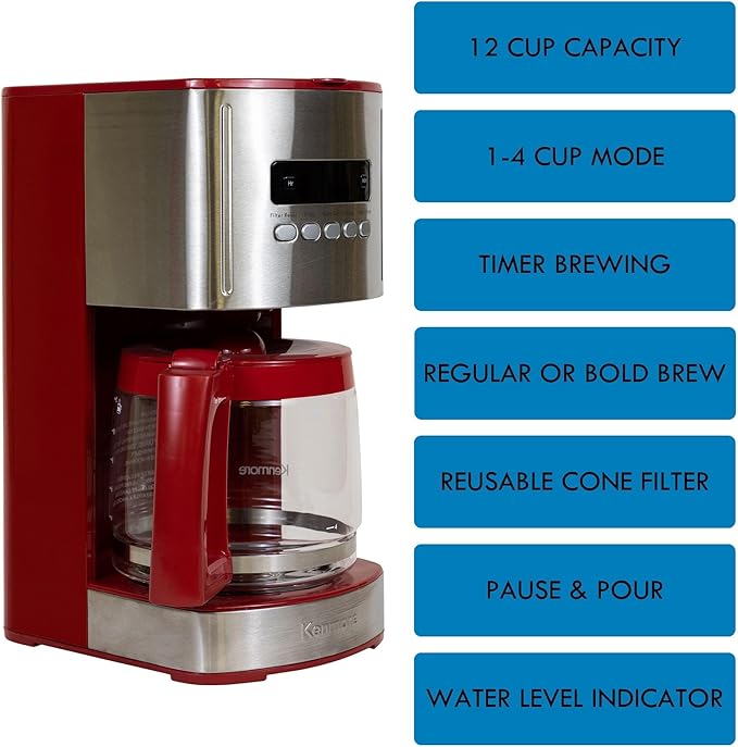Kenmore Drip Coffee Maker - Programmable Cafe Machine With Glass Pot, Regular & Bold Brew, Auto Shut Off Large Water Reservoir, Reusable Filter, Kitchen Appliances For Cafeteria Barista, 12 Cup Red
