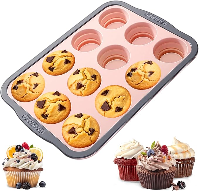 12-Cup Silicone Muffin Pan for Baking - Premium Nonstick Muffin Tin with Metal Reinforced Frame, Easy to Clean Silicone Cupcake Molds, Dishwasher & Oven Safe BPA Free