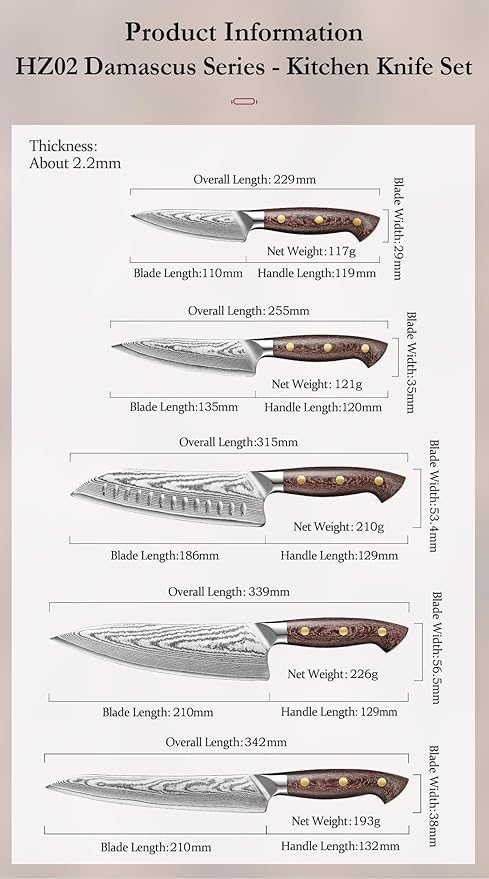 HEZHEN Damascus Chef Knife Set, 67 Layers Damascus Steel, 5PCS, Ultra Sharp, Professional Kitchen Knife Set for Chefs and Home Cooking, Ergonomic Micarta Handle, Gift Packing