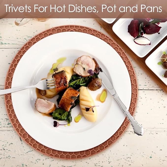 Silicone Trivets for Hot Dishs, 7 Inch & 9 Inch Heat Resistant Silicone Hot Pads Pot Holders for Kitchen Counter, Flexible Round Trivet Mats, Potholders(Coffee)