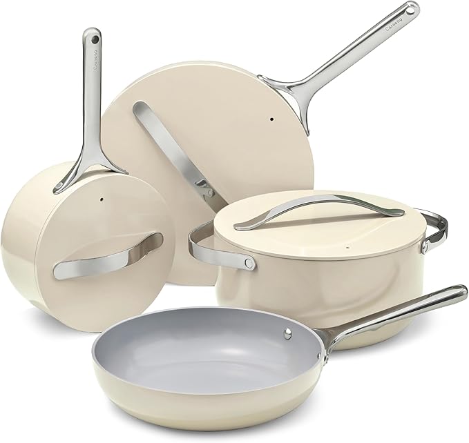 Caraway Non-stick Ceramic Cookware Set (12 Piece) Pots, Pans, Lids and Kitchen Storage - PFAS & PFOA Free - Oven Safe Pan Set & Compatible with All Stovetops - Cream