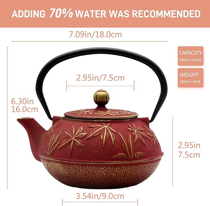 Cast Iron Teapot Tea Kettle with Stainless Steel Infuser for Stovetop Safe Coated with Enameled Interior Japanese Red Tetsubin with Maple Leaves Pattern(30.4oz/900ml)
