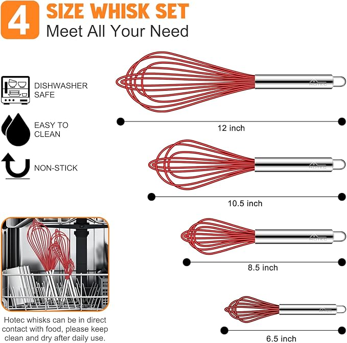HOTEC 4 Pieces Silicone Whisks Set, Wire Balloon Whisks Egg Beater, Non-slip Handle Whisk for Non-stick Cookware Perfect for Cooking, Stirring, Beating and Blending (Red)