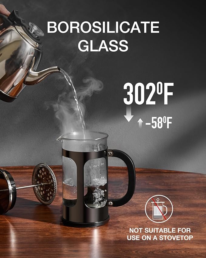 BAYKA French Press Coffee Maker, Large 304 Stainless Steel Coffee Press, Cold Brew Heat Resistant Thickened Borosilicate Coffee Pot for Camping Travel Gifts, 34 Ounce, Dark Pewter