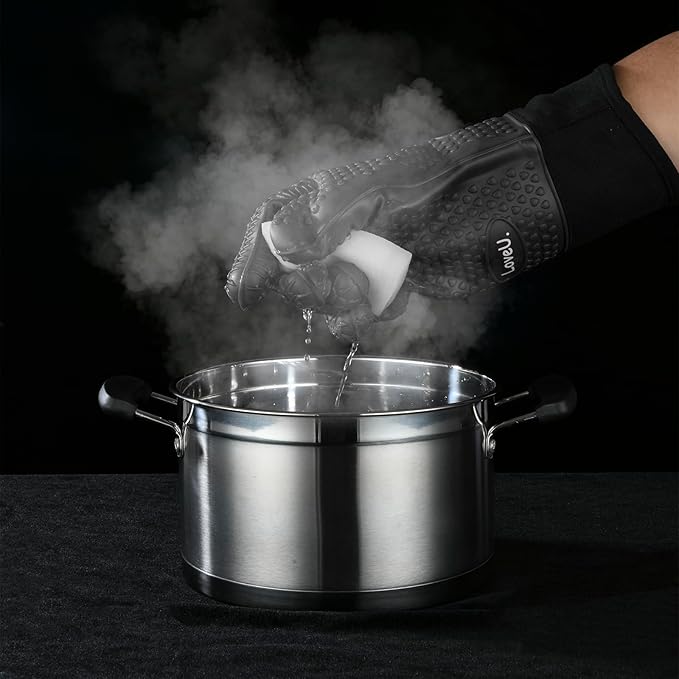Kitchen Oven Gloves - Dual-Layer Heat Resistant Grilling Gloves, Silicone Oven Mitts with 5 Fingers, Waterproof Non-Slip Pot Holder for Barbecue, Cooking, Baking (Small, Black Long)