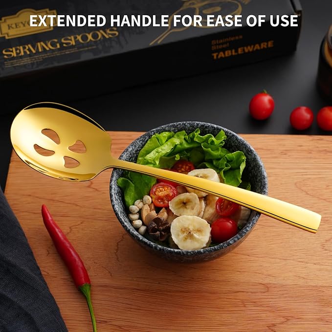 4 Piece Stainless Steel Serving Spoons Set - 2 Large, 2 Slotted, 9.2-Inch, Dishwasher Safe, for Parties/Kitchen/Buffet/Catering,Gold