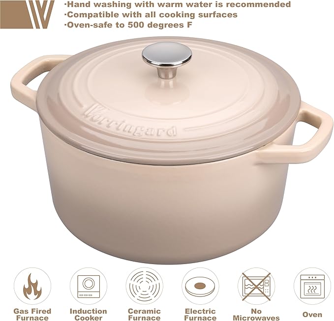 Enameled Cast Iron Dutch Oven Pot with Lid, for Bread Baking, Round Bread Oven- include Sourdough Bread Baking Supplies Set, 6QT, Latte