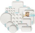 11-Piece Non-Toxic Bakeware Set – Nonstick, Stackable & Oven Safe with Heat-Resistant Silicone Handles – Cookie Sheet, Cake Pan, Muffin Mold, Pizza Tray & Bread Loaf Dish, White & Sky Blue