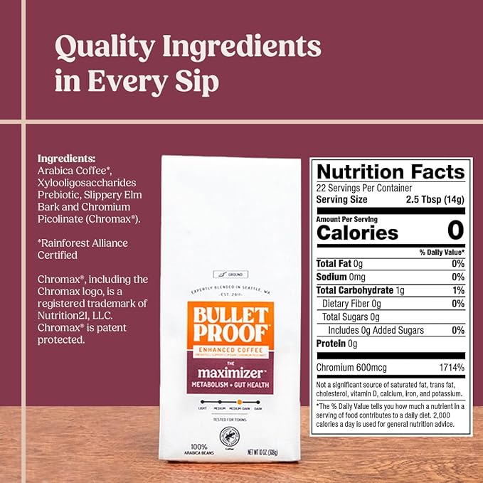 Bulletproof The Maximizer Ground Coffee, 10 Ounces, Clean Coffee with Prebiotics, Metabolism and Gut Health Support, Packaging May Vary