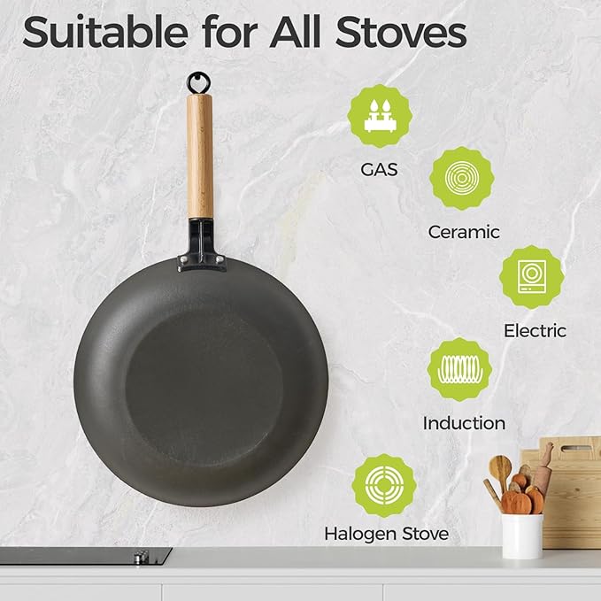 YUTANN 12 Inch Non-stick Frying Pan,Pre-seasoned Cast Iron Skillet with Detachable Wooden Handle,Lightweight,Dishwasher Oven Safe (500°F)