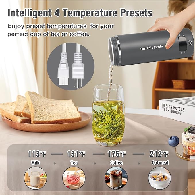 Travel Electric Kettle Portable Mini Kettle,Small Hot Water Boiler with 4 Temperature Settings,304 Stainless Steel,Fast Boiling Water with Auto Shut-Off and Boil Dry Protection,400ml (Grey, 400ml)