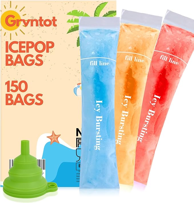 150 Disposable Ice Popsicle Mold Bags (8x2") for DIY Natural Fruit Snacks, Juice & Smoothies, Ice Pops Molds | BPA-Free, Zip Seals, Funnel Included