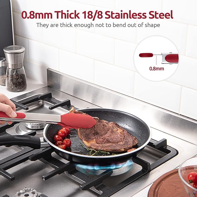 Heat Resistant Silicone Kitchen Tong: U-Taste 12 inch Large 480ºF Hot Proof Cooking Tong with Sturdy Non Stick Rubber Tips & Silicon Coated Steel Handle & Smooth Locking for Serving Grill Salad (Red)