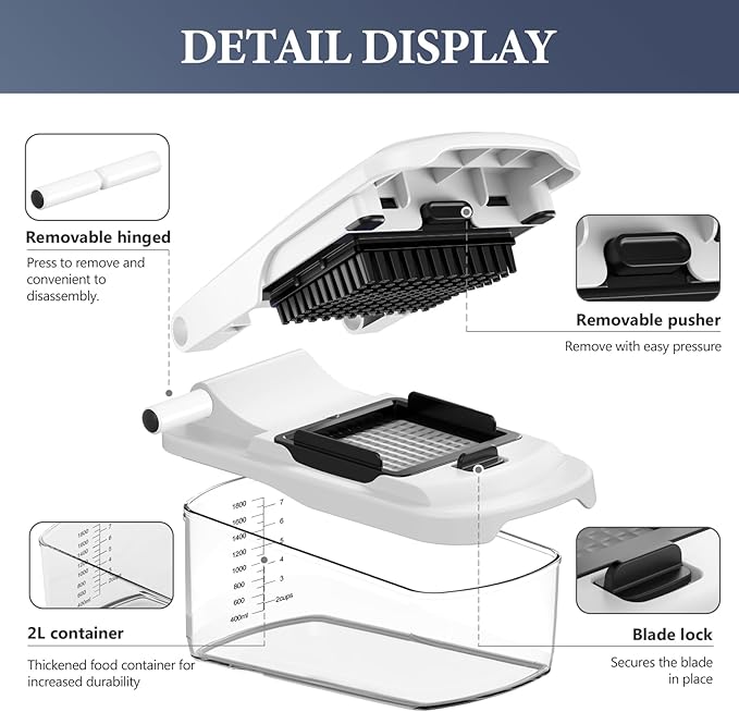 Ourokhome Food Chopper with Container, Manual Mandolin Vegetable Slicer Onion Dicer with 8 Blades, Hand Veggie Shredder for Potato, Tomato, Essential Kitchen Gadgets (8 in 1, White)