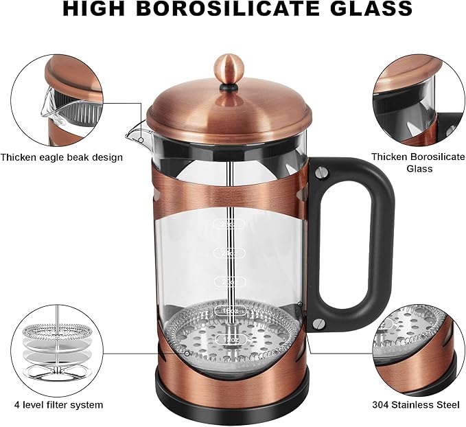 34 Ounce French Press Coffee Maker Copper Stainless Steel Coffee Press, with 4-Level Filter System, Heat Resistant Thickness Borosilicate Glass, BPA-Free Brewed Coffee Pot for Camping Gifts