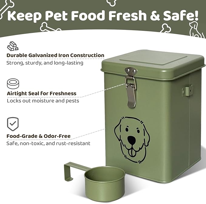Dog Food Storage Container Airtight Dog Treat Container Pet Food Storage Containers Dog Treat Jar Tinplate Dog Treat Bin Olive Green