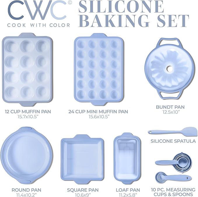 COOK WITH COLOR 17 Pc. Silicone Baking Pan Set - Non-Stick & Easy Clean Silicone Muffin Pans for Baking with Sturdy Metal Frame for Stability, Flexible Cake Molds, Includes Measuring Cups and Spoons