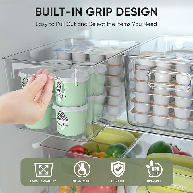 BALEINE Clear Plastic Storage Bins, Pantry Organization, BPA Free Stackable Refrigerator Organizers and Storage with Handles for Kitchen Fridge Cabinet Bathroom (4PK, 11x7.5x6)