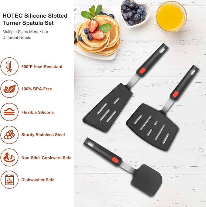 Hotec Silicone Spatula Turner for Nonstick Cookware, Cooking Spatulas 600°F Heat Resistant Large Flexible Rubber Spatula Set of 3, Kitchen Utensils for Flipping Eggs, Burgers, Pancakes, Crepes