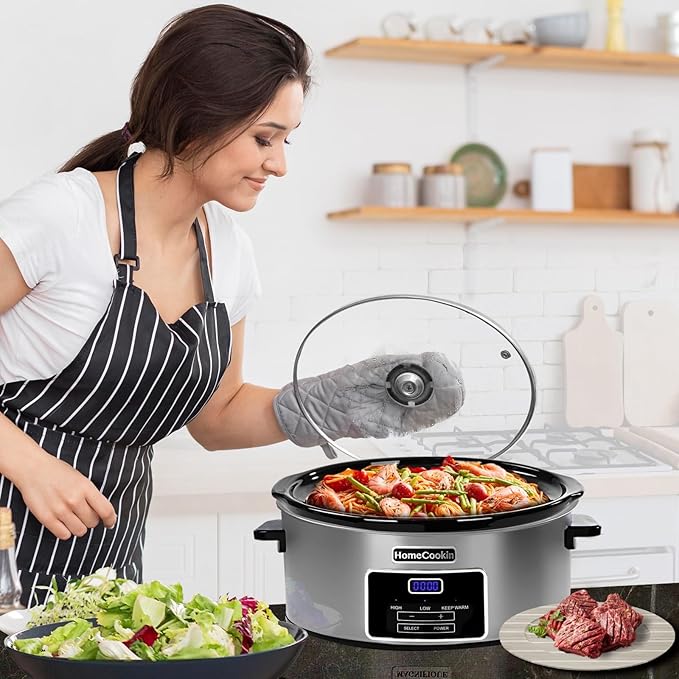 8-Quart Digital Programmable Slow Cooker with Timer - Small Kitchen Appliance for Family Dinners - Serves 10+ People - Heat Settings: Keep Warm, Low and High