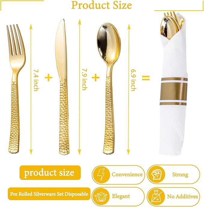 WELLIFE 400PCS Gold Plastic Silverware, Pre Rolled Silverware Set Disposable,Plastic Cutlery Includes: 100 Forks, 100 Knives, 100 Spoons, 100 Napkins, Cutlery Set Disposable for Thanksgiving