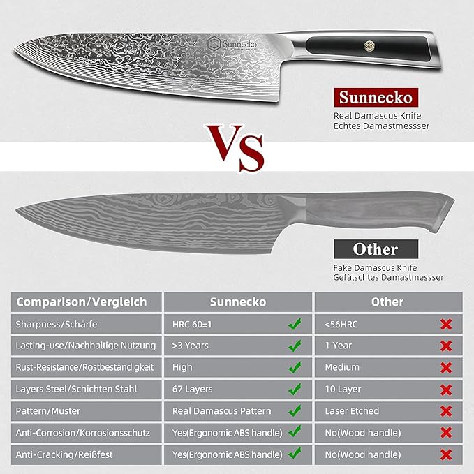 Sunnecko Damascus Kitchen Knife 8 Inch Carving Knife for Meat Slicing Knife Japanese VG10 Steel,Full Tang