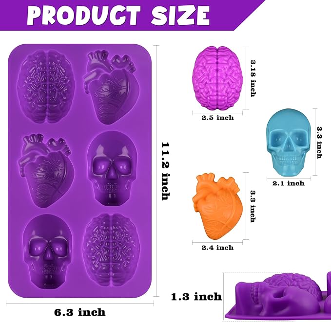 Sakolla Skull Brain and Heart Silicone Mold, 2 Pack Halloween Baking Molds for Make Human Organs shape Cake, Chocolate, Gelatin, Jelly, Soap and Resin