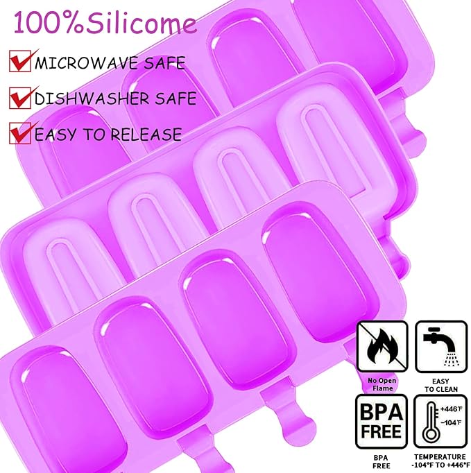 3pcs Large Silicone Popsicle Molds Set,BZIDII 4 Cavities Cake Pop Molds,Oval Ice Cream Bar Mold Ice Pop Cakesicle Molds Silicone with 100 Wooden Sticks & 100 Bags &100 Twist Ties(Purple)