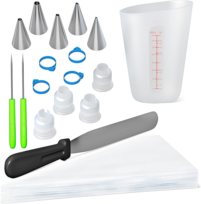 Bakerpan Royal Icing Tools Set, Royal Icing Cookie Supplies, Spatula, Piping Bags, Cup, Couplers, Bag Clamps, Piping Tips, Needle Scribes
