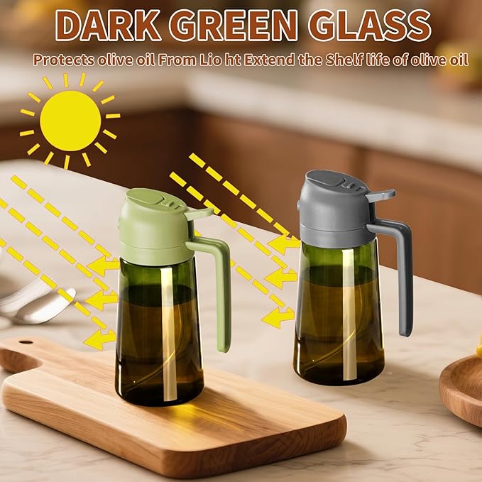 2PCS Olive Oil Dispenser and Oil Sprayer – 16oz/470ml Glass Light-Proof Oil Pourer for Kitchen, Air Fryer, Cooking, Salad, and BBQ