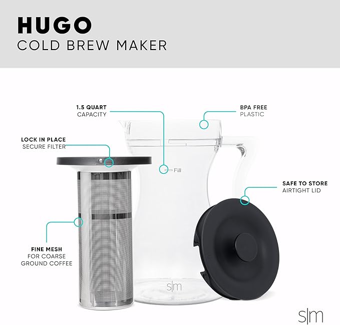 Simple Modern Hugo Cold Brew Coffee Maker | Airtight Pitcher with Fine Mesh Filter | Iced Tea Brewer | 1.5 Quart