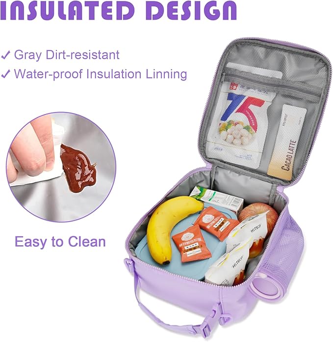 Initial Insulated Lunch Bag for Girls Kids, Back to School Gift, Reusable Leak-proof Lunch Box with Adjustable Strap for School Daycare Travel Picnic (Purple,G)