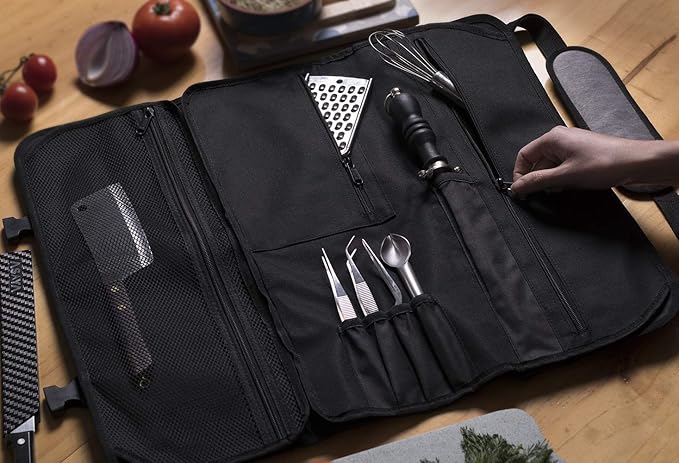 Asaya Chef Knife Roll Bag - 20 Total Pockets for Knives and Kitchen Utensils - Made with Stain Resistant Waxed Nylon - For Chefs and Culinary Students - Knives Not Included(Grey)