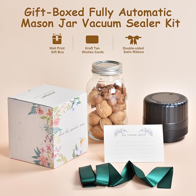 Gift Boxed - Fully Automatic Mason Jar Vacuum Sealer Kit, Auto Stop Mason Jar Vacuum Sealer, A Must-Have Jar Sealer for Canned Foods Pantry Canning Pickling, Gift for Mom or Dad, Gift for Grandparents