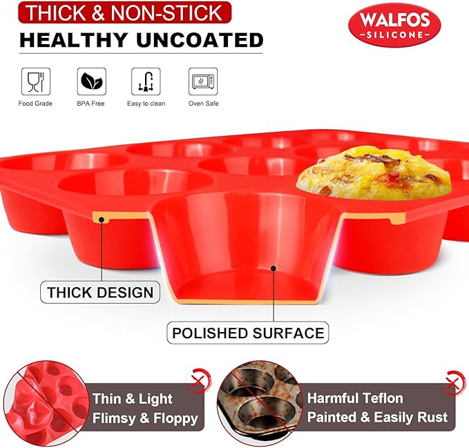 Walfos Silicone Muffin Pan - 12 Cups Regular Silicone Cupcake Pan, Non-stick Great for Making Muffin Cakes, Tart, Bread - BPA Free and Dishwasher Safe