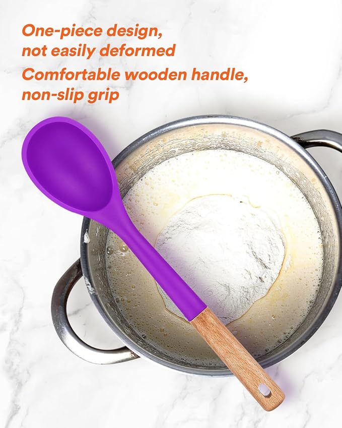 Large Silicone Cooking Spoons, Nonstick Solid Wooden Handle Spoon, Heat Resistan Silicone Kitchen Spoons for Cooking, Serving, Basting, Mixing, 13.2inch (BERRY)