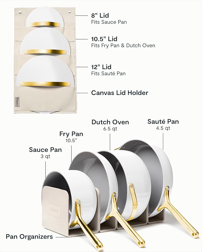 Caraway Nonstick Ceramic Cookware Set (12 Piece) Pots, Pans, Lids and Kitchen Storage - Non Toxic - Oven Safe & Compatible with All Stovetops - White