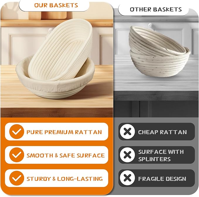 Banneton Bread Proofing Basket - Banneton Basket Set Sourdough Proofing Basket Round Proofing Bowls Handmade Rattan Baskets and Liners (Oval & Round Gift Set)