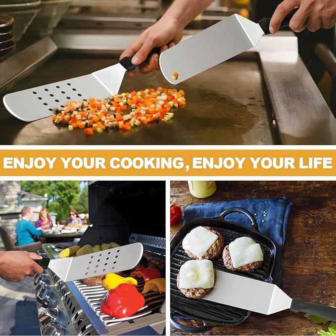 HaSteeL Griddle Accessories Kit of 5, Heavy Duty Metal Spatula, Professional Stainless Steel Flat Top Griddle Tools Set, Pancake Flipper/Griddle Scraper/Hamburger Turner for BBQ Grilling Cast Iron