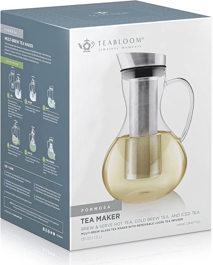 Teabloom Multi-Brew Glass Teapot + Kettle + Pitcher (51 OZ / 1.5 L / 6 CUPS) – Brew and Serve Hot Tea, Iced Tea, Cold Brew Tea and Fruit Infused Water – Formosa Tea Maker