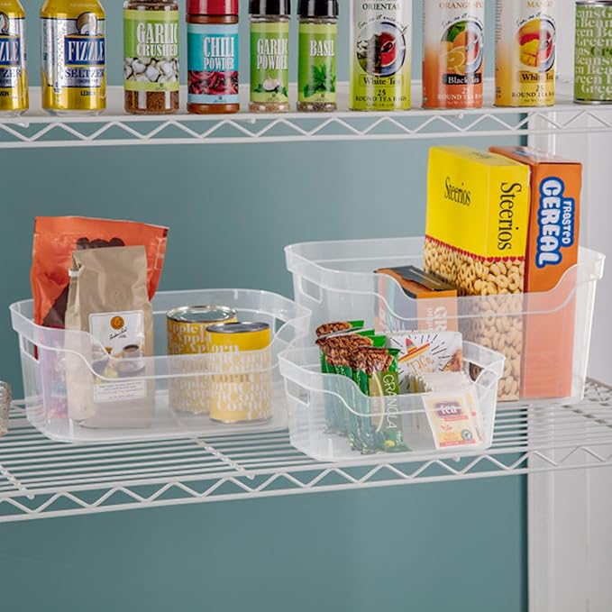 Sterilite 5.25x9.5x13 In Medium Polished Open Scoop Front Storage Bin w/Comfortable Carry Through Handles for Household Organization, Clear (24 Pack)
