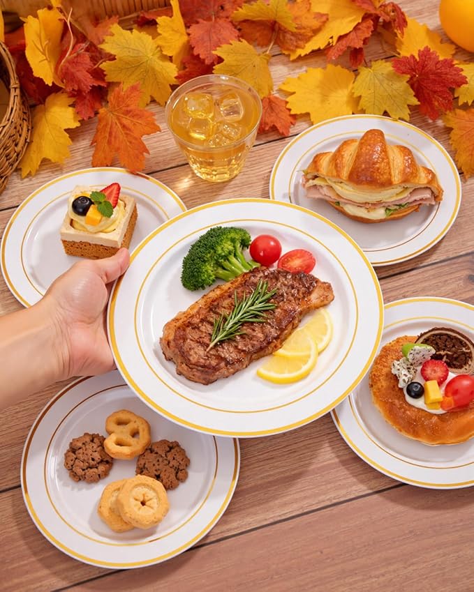 bUCLA 600Pcs White and Gold Plastic Plates - Gold Disposable Dinnerware Set for 100 Guests Include 100 Dinner & 100 Dessert Plates, 100 Cups, 100 Forks, 100 Spoons, 100 Knives for Thanksgiving