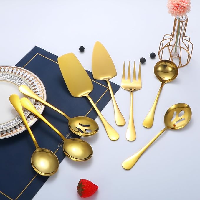 Gold Serving Utensils,8 Pcs Stainless Steel Serving Set with Serving Spoons,Serving Fork,Soup Ladle,Lasagna Server,Pie Server,Polished Serving Utensil Set for Buffet Parties Home,Dishwasher Safe
