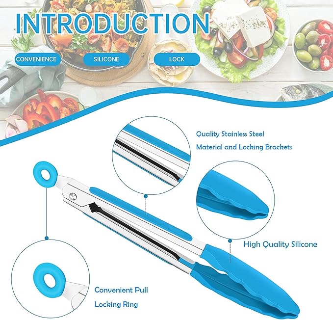 7 Inch Silicone small Tongs Set, mini Kitchen tongs with Silicone Tips Food Tongs Stainless Steel Cooking Tongs for Salad, Grilling, Frying and Cooking (Blue,Green,Red,Purple,Black, 5 Pieces)