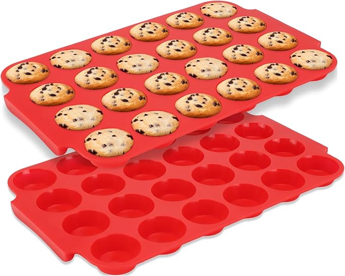 2-Pack Silicone Muffin Pan for Baking – Mini 24-Cup Nonstick Cupcake Pan with Handle, Food-Grade Certified, Odorless, BPA-Free, Silicone Baking Mold for Muffins, Egg Bites, Cupcakes