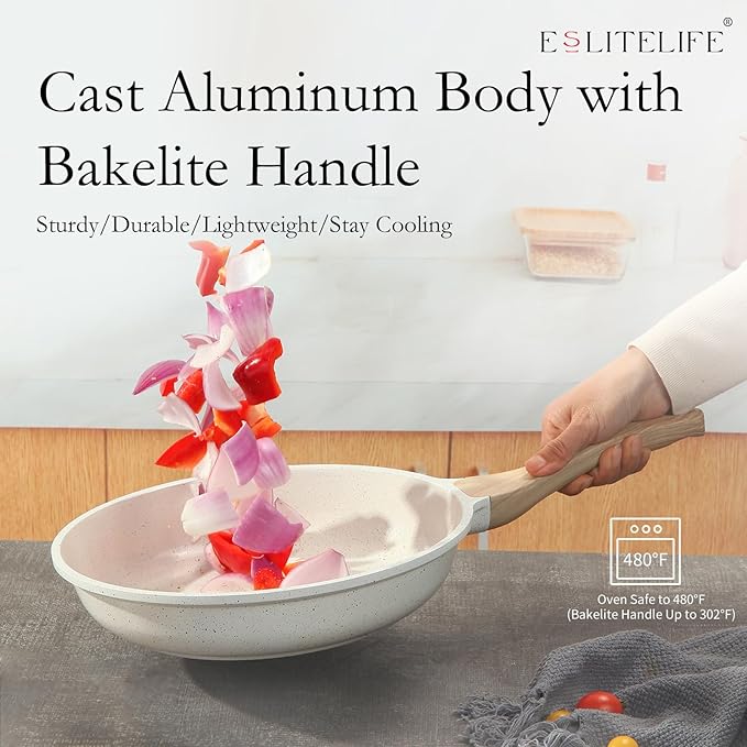 ESLITE LIFE Nonstick Ceramic Frying Pan Skillet with Lid, Non-Toxic Egg Omelette Kitchen Cooking Pans Compatible with All Stovetops (Gas, Electric & Induction), PTFE & PFOA Free (White, 9.5" w/Lid)