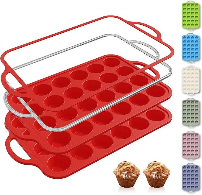 2 Packs 24 Cups Silicone Muffin Pan for Baking with Metal Reinforced Frame Mini Size Cupcake Pan Tray Chocolate Egg Pizza Bites Oven Cookie Mold Muffin Tin Tart Pans Sheet Set Small